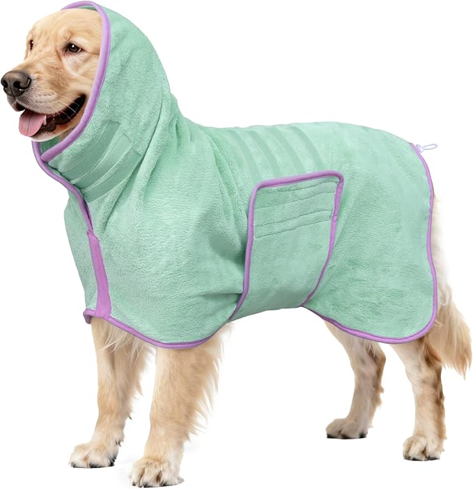 Soft Dog Bathrobe Fast Drying Dog Coat, Super Absorbent Dog Towels for After Bath, Microfiber Pet Robe Adjustable Collar & Belly Warm Keeping Dogs Coat for Pet Dogs & Cats (Green, X-Large)