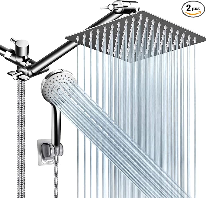 Shower Head Combo,8 Inch High Pressure Rain Shower Head with 11 Inch Adjustable Extension Arm and 5 Settings Handheld Shower Head Combo,Powerful Shower Spray Against Low Pressure Water with Long Hose