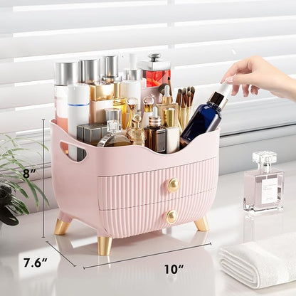 Makeup Organizer Countertop, Large Capacity Skincare Cosmetic Organizer for Vanity with 2 Drawers, Cosmetic Display Cases Makeup Storage Box for Bedroom, Bathroom, Ideal Gifts for Women(Pink)