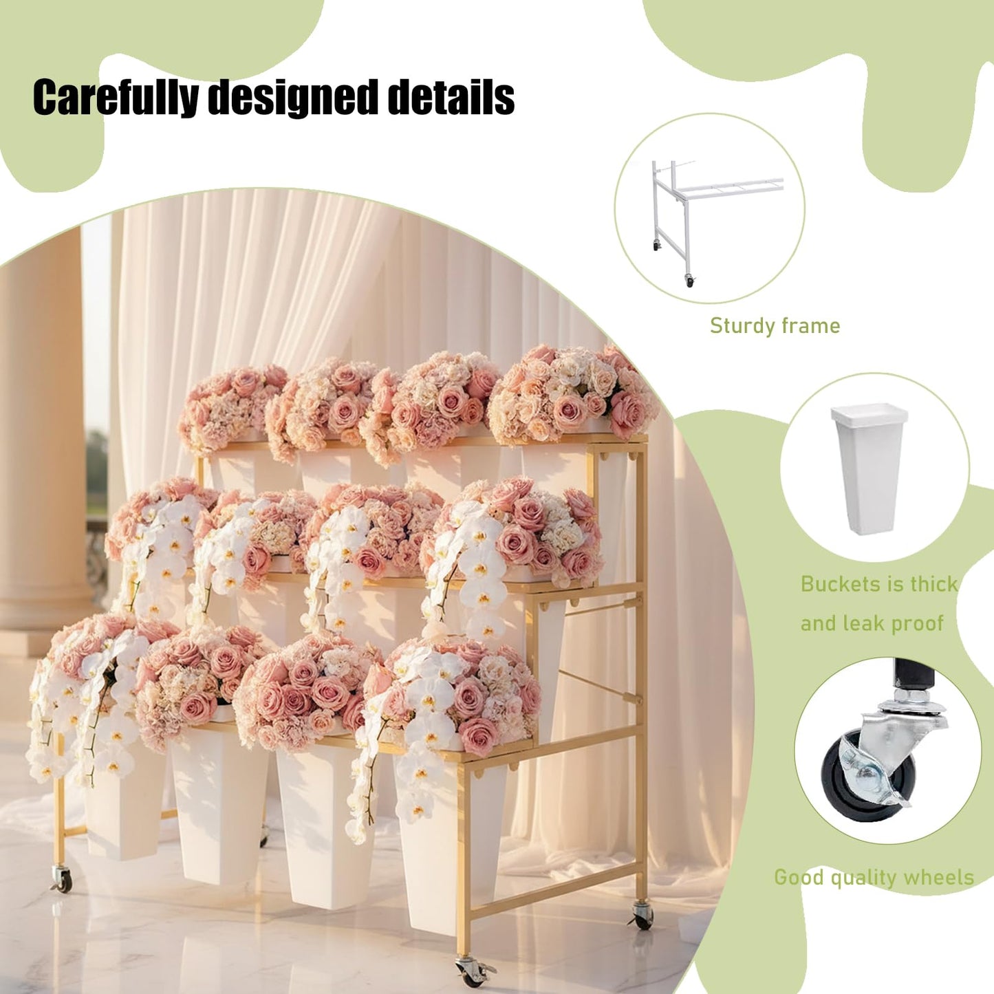 Flower Display Stands With Buckets, With 12pcs Buckets, 3-Tier Rolling Flower Bar,Heavy Duty Metal Flower Cart,For Indoor/Outdoor Use, Wedding Decor & Florist Displays (B - Gold frame, white bucket)