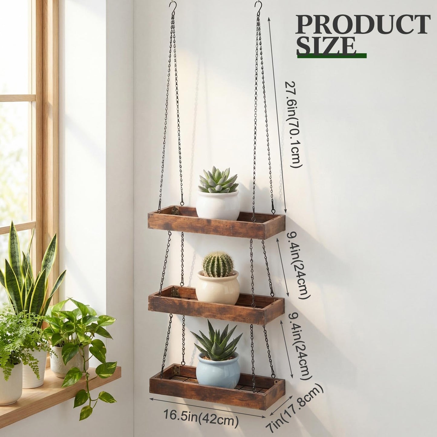 Otoolling 3 Tier 16" Hanging Window Plant Shelf Wood Frame Metal Chain Large Hanging Herb Planter Holder Indoor Display Floating Wall Flower Pot Organizer Storage for Herbs Microgreens Succulents