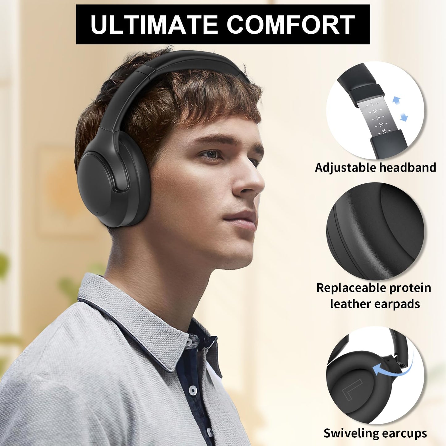 Active Noise Cancelling Headphones, 65H Bluetooth Headphones, Custom EQ via App Headphones Wireless with Mic, Bluetooth 6.0 Foldable Lightweight Headsets for Commuting Travel Work Home (Black)