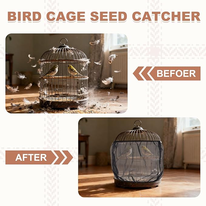 Bird Cage Seed Catcher, Bird Cage Net Cover Seeds Guard, Universal Birdcage Accessories, Black/White, Circumference 59.1"-78.7", Height 13.8" for Parrot Cockatiel Enclosures