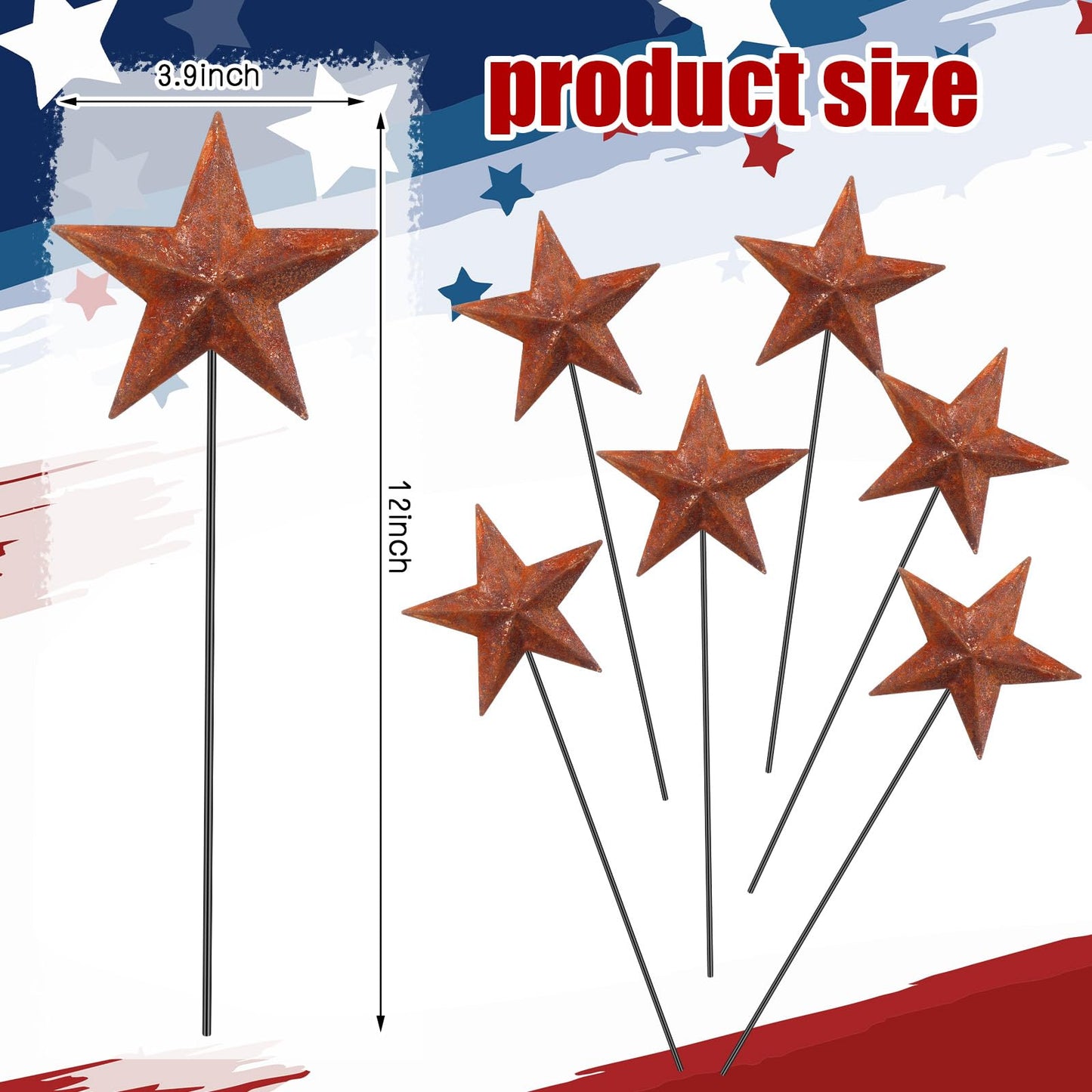 Pickmesh 6 Pcs 12" H Rusty 4th of July Outdoor Decor Patriotic Yard Decor Metal Yard Sign Antique Primitives Star Garden Stake 250th Anniversary Rustic American Sign for Outdoor Independence Day