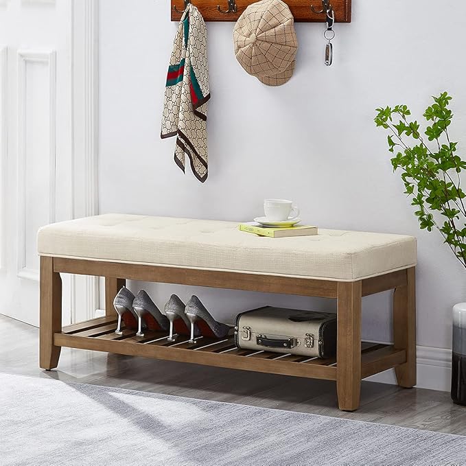 24KF Large Rectangular Upholstered Tufted Linen Ottoman Bench, Padded Bench