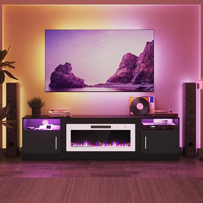 PRETZI Fireplace TV Stand with 36" Fireplace Up to 90" TVs, Remote Control