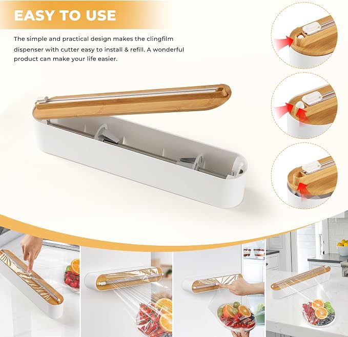 Magnetic Plastic Wrap Dispenser with Cutter - Practical Refillable Cling Wrap Aluminum Foil Dispenser with Slide Cutter, 12 Inch X 164 Feet Kitchen Food Cling Film Included, Bamboo-style