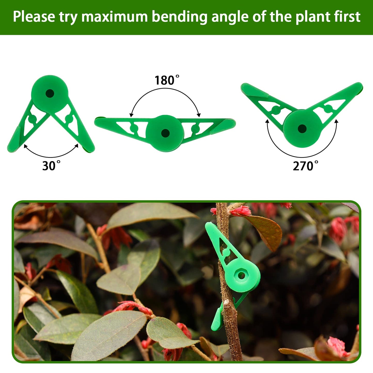 YBB 60 Pcs 360 Degree Adjustable Plant Clips, Plant Branches Bender Stem Trainer Clips for Low Stress Training (Green + White)
