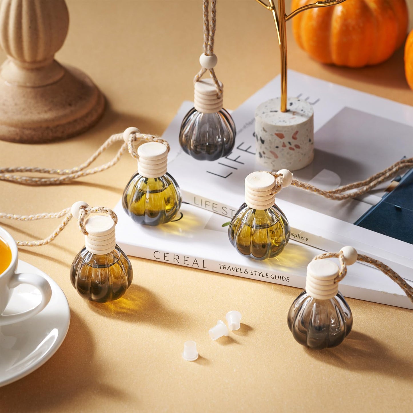 BBTO 50 Pcs Hanging Car Air Freshener Black Car Diffuser Bottles Empty Glass Perfume Bottle Freshener Diffuser Bottle Pendant for Essential Oil Fragrance Aromatherapy Bottles Ornament(Pumpkin)