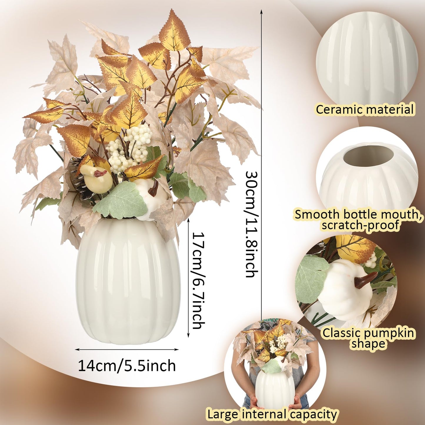 Beeveer Fall Table Centerpieces White Ceramic Pumpkin Vase Decor with Artificial Maple Leaves and Berries Thanksgiving Harvest Home Decor