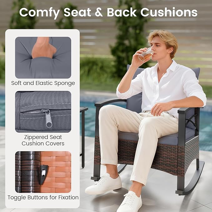 Tangkula 3 Pieces Outdoor Rocking Chairs Set, Rattan Heavy Duty Cushioned