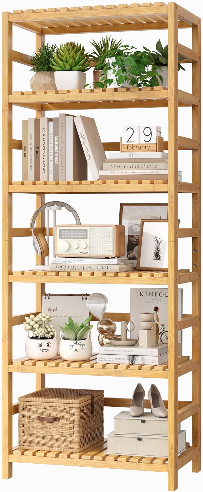 FOTOSOK 6-Tier Bamboo Shelf, Bamboo Bookcase