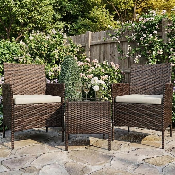 3PCS Outdoor Patio Bistro Set, PE Rattan Wicker Armchairs