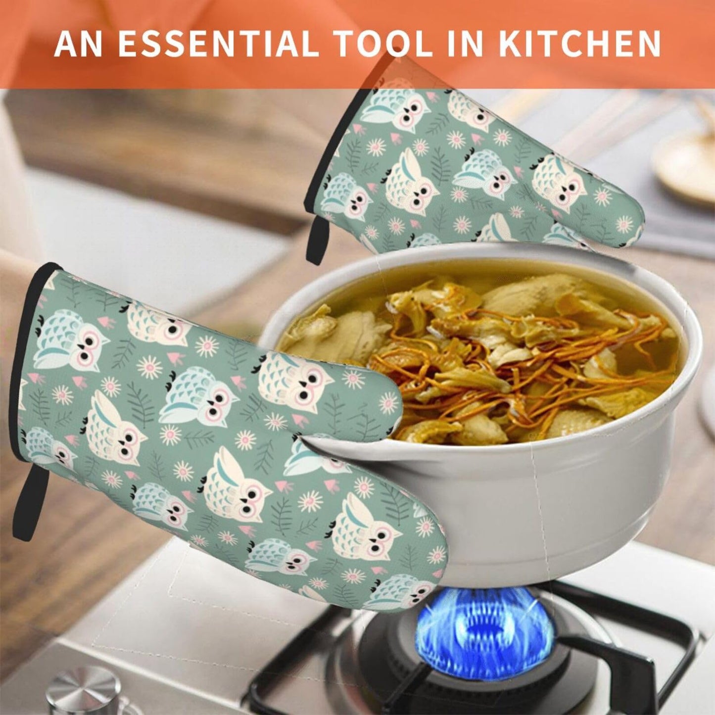 Owl Oven Mitts of 2 Pack, Funny Kitchen Gloves Heat Resistant Non-Slip Kitchen Mitts for Cooking Baking Grilling