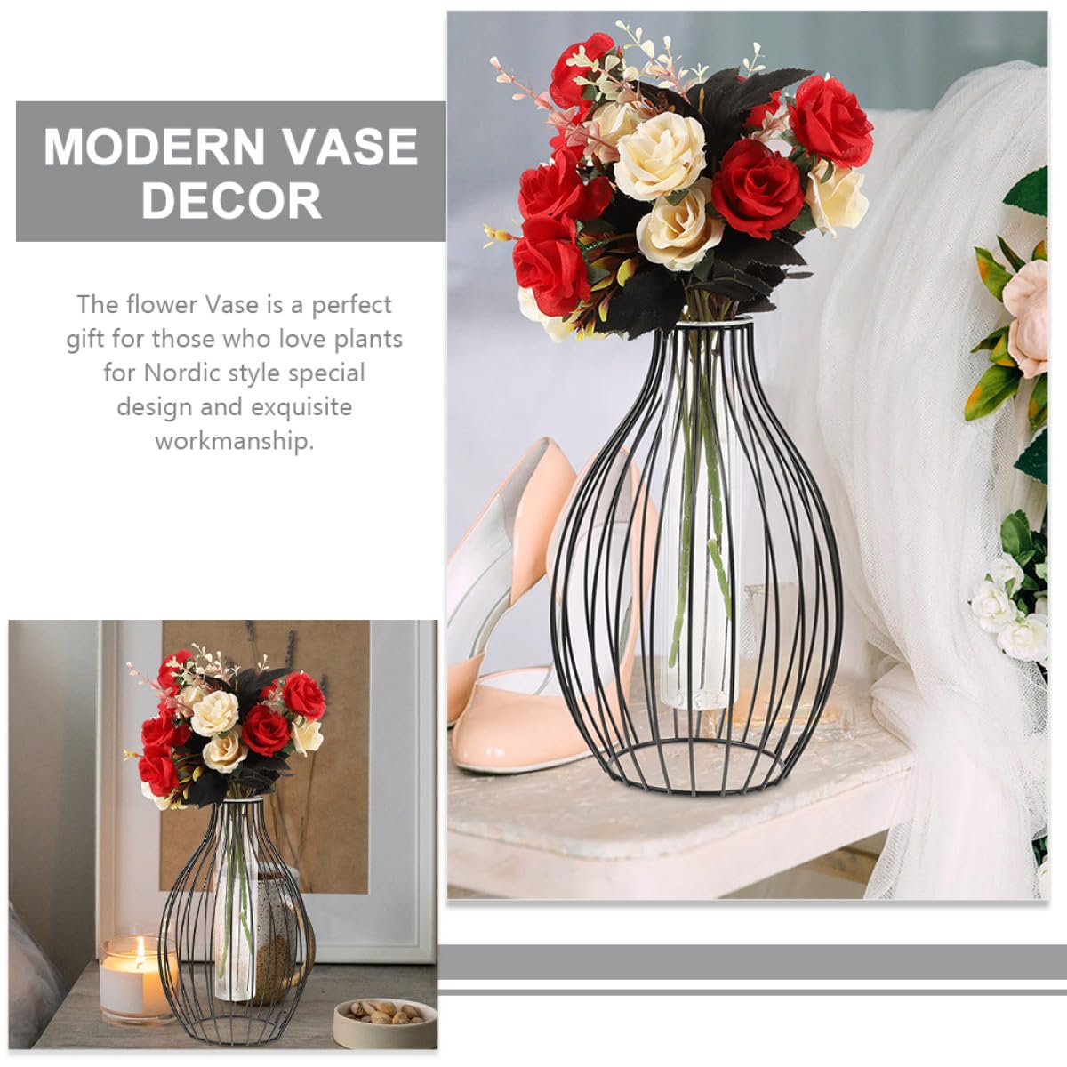 Veemoon Geometric Glass Tube Vase with Black Iron Art Frame, Small Hydroponic Plant Holder for Home Décor, Propagation Tubes Terrarium Display