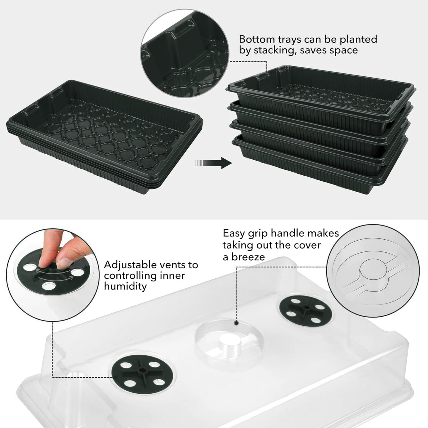 NICOLEKAY Seedling Trays Seed Starter Tray, 5-Pack Mini Propagator Plant Grow Kit Greenhouse with Humidity Vented Domes and Base for Seeds' Starting (40 Cells Per Tray, Total 200 Cells), Black