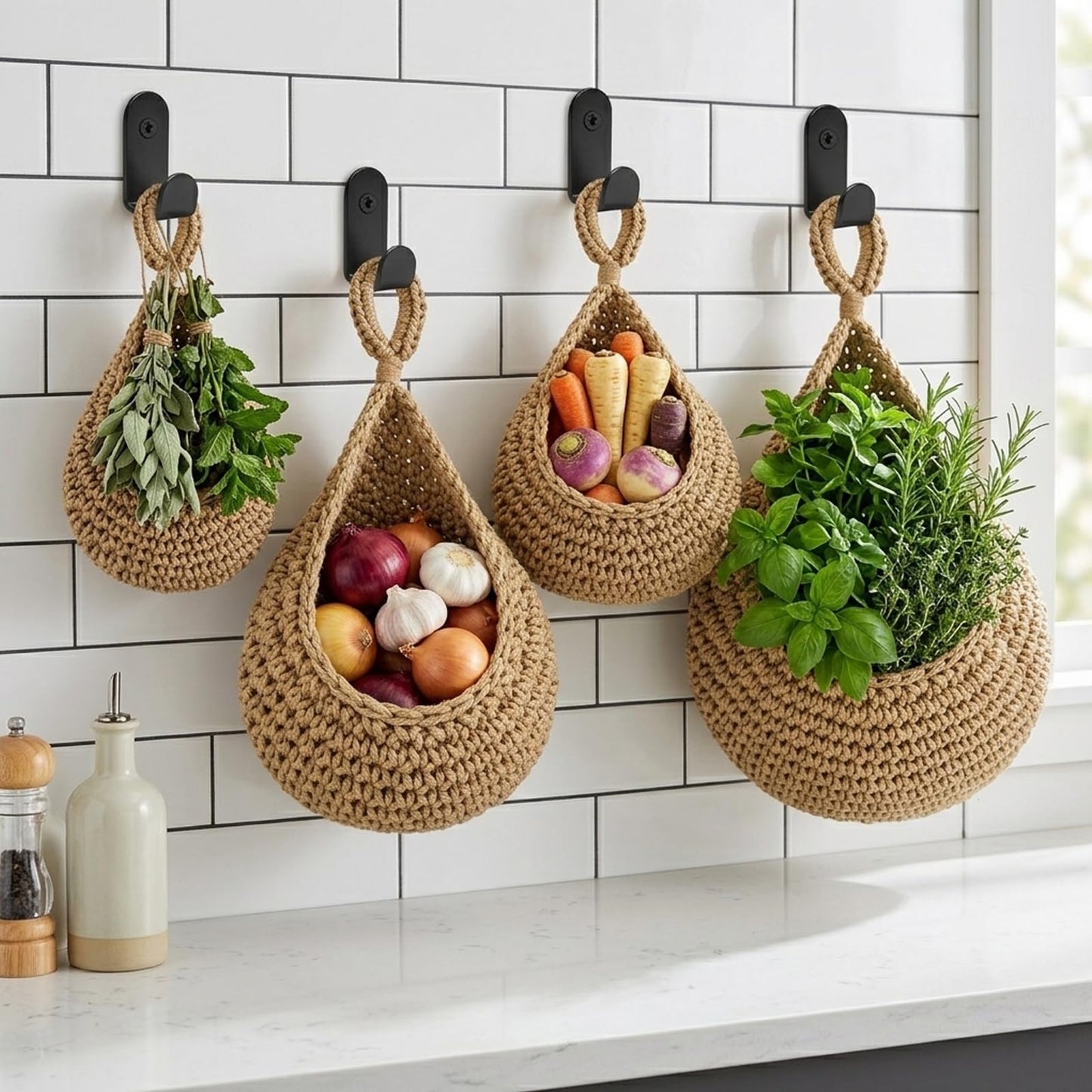 4 Pack Boho Decor Hanging Baskets for Kitchen, 4 Sizes Teardrop Wall Baskets with Hooks for Home Storage Fruit Vegetable