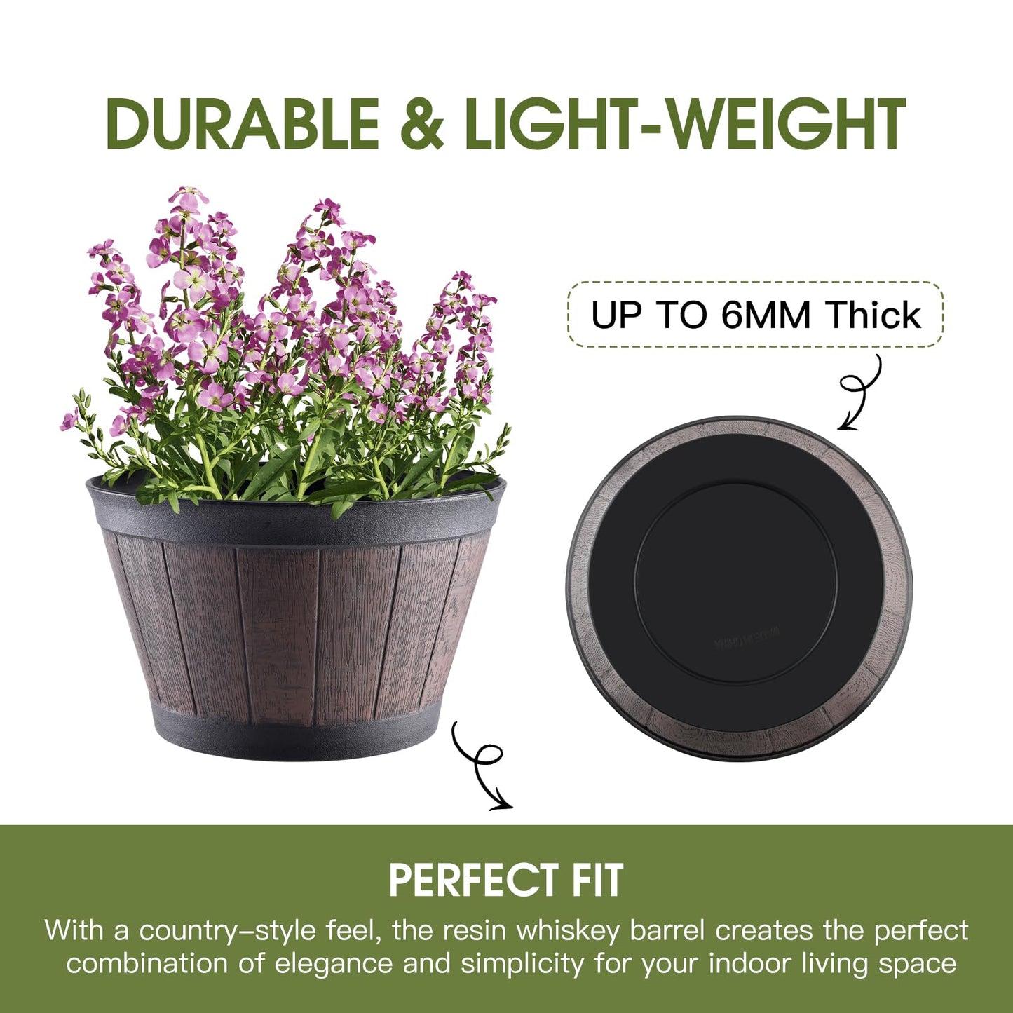 YI Barrel Planters Plant Pot Set of 6 Pack 6 Inch,Durable Plastic Flowerpot Mimics The Design of Wooden Whiskey Barrels,for Indoor & Outdoor Home Plants Essential for Home Gardening.