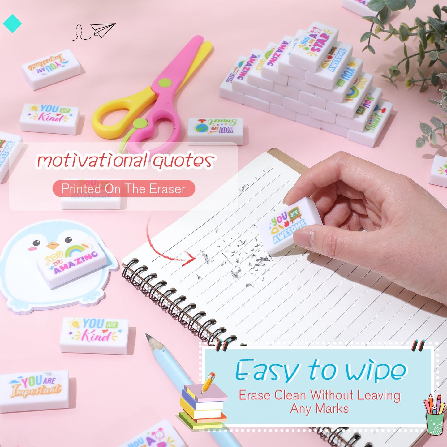 Resurhang 180 Pcs Erasers Bulk for Kids Inspirational Pencil Erasers Bulk for Drawing Motivational Big Eraser School Supplies for Classrooms Back to School Office (Inspirational,White)