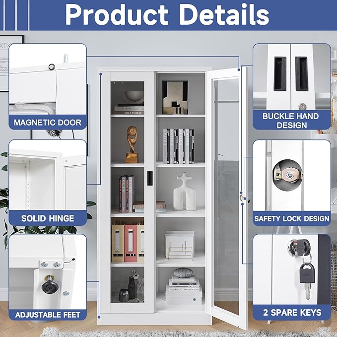 Glass Display Cabinet With Doors, 4 Adjustable Shelves