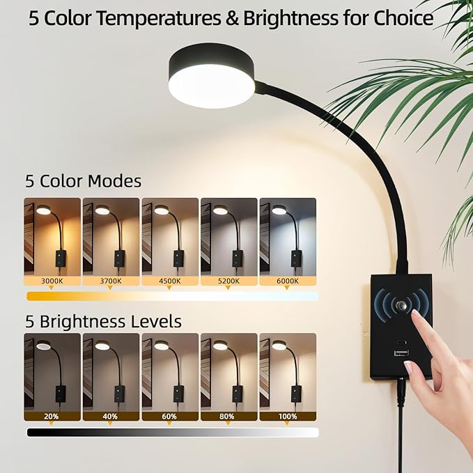 LED Wall Mounted Reading Light for Bed, Flexible Gooseneck Book Light for Wall Bedside Lamp with USB-A/C Output,Touch Control 5 Dimmable Headboard Bed Lights