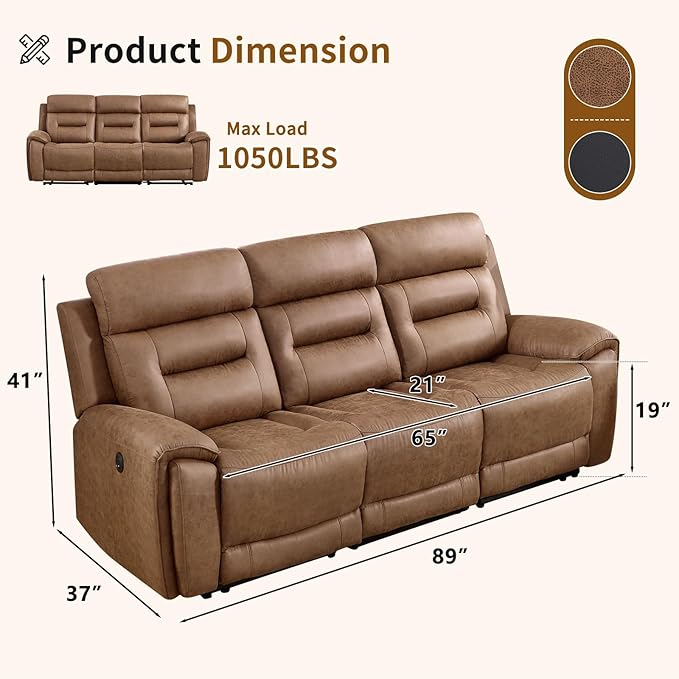 ANJ Power Oversized Reclining Sofa Couch, Breathable Faux Leather 3-Seater