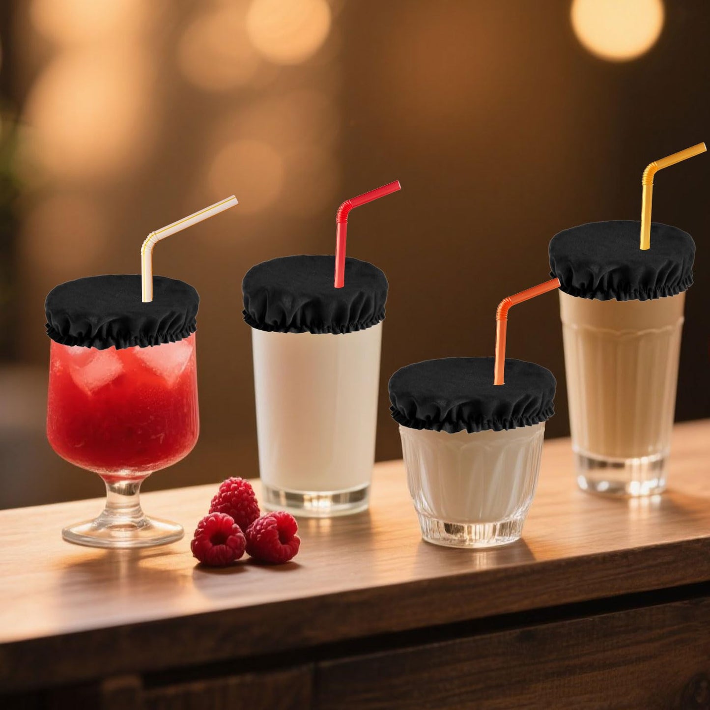 50pcs Drink Covers, Polyester Elastic Stretchable Washable Drink Protector with Straw Hole Bottle Protection Accessories Fits Most Cups for Bar Club Party (Black)
