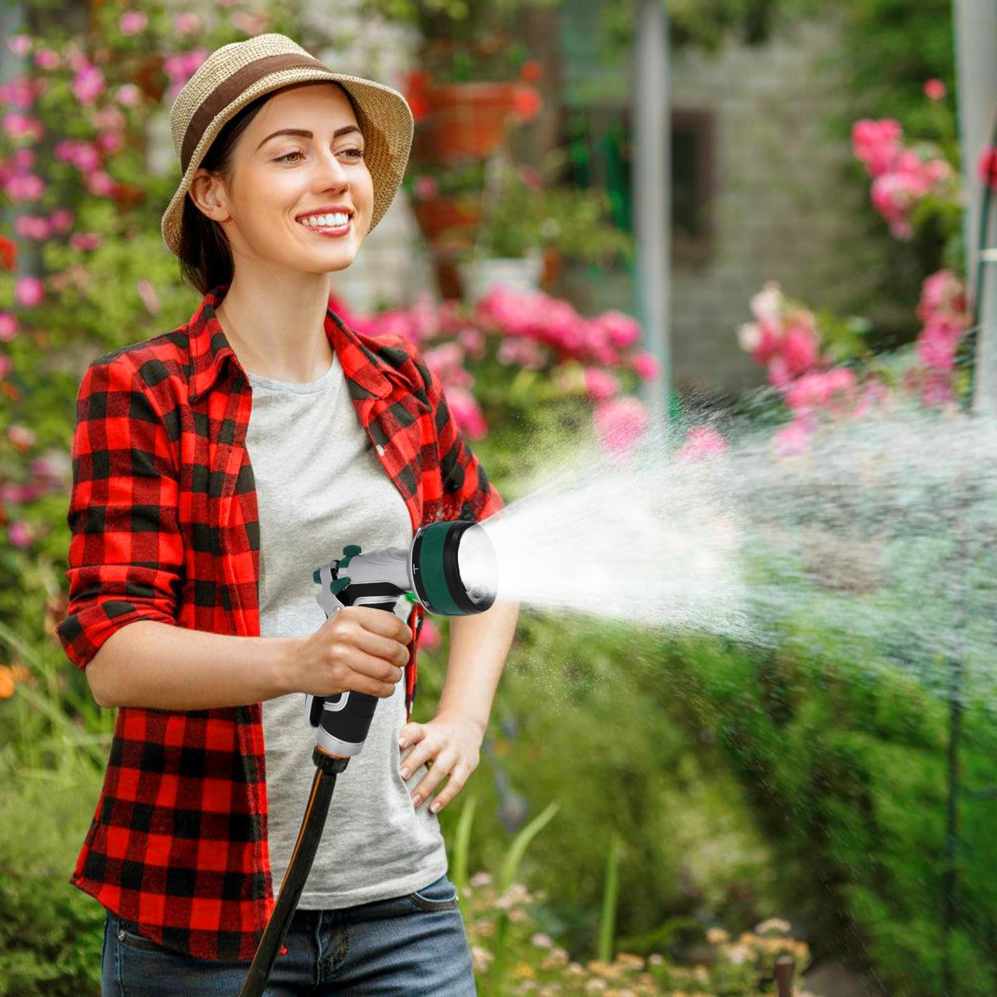 Seatern Garden Hose Nozzle, Heavy Duty Metal Water Hose Sprayer Nozzle with 8 Spray Patterns, High Pressure Handheld Nozzle with Flow Control for Lawn & Plant Watering, Car Washing – Forest Green