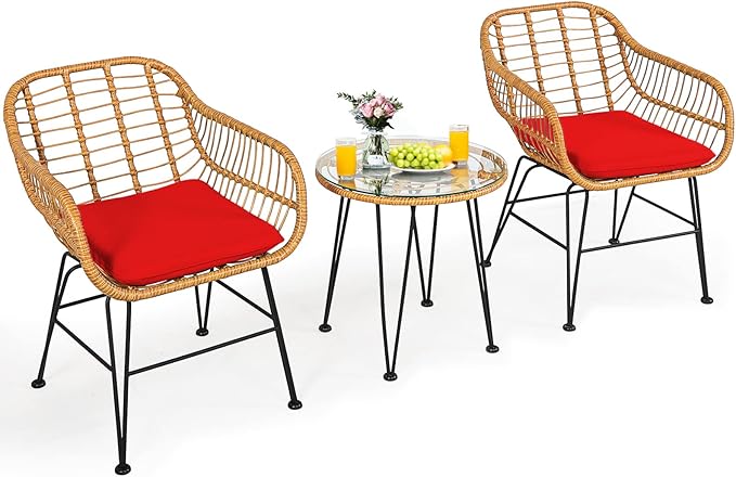 Tangkula 3 Pieces Patio Bistro Set, Rattan Conversation Set