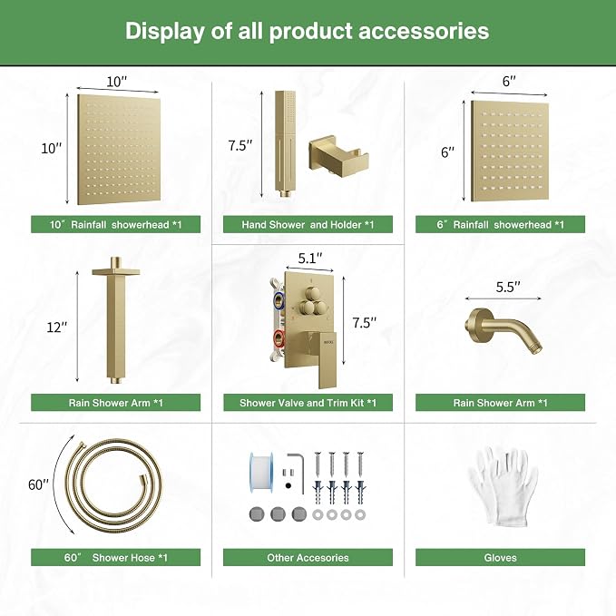 VANFOXLE Shower Faucet Set Brushed Gold Shower System, Push Button Diverter Shower Faucet with Trim Kit, Ceiling Mount 10 Inch Shower Head Increased Thick, 6 Inch Side Shower Head, 2-in-1 Handheld
