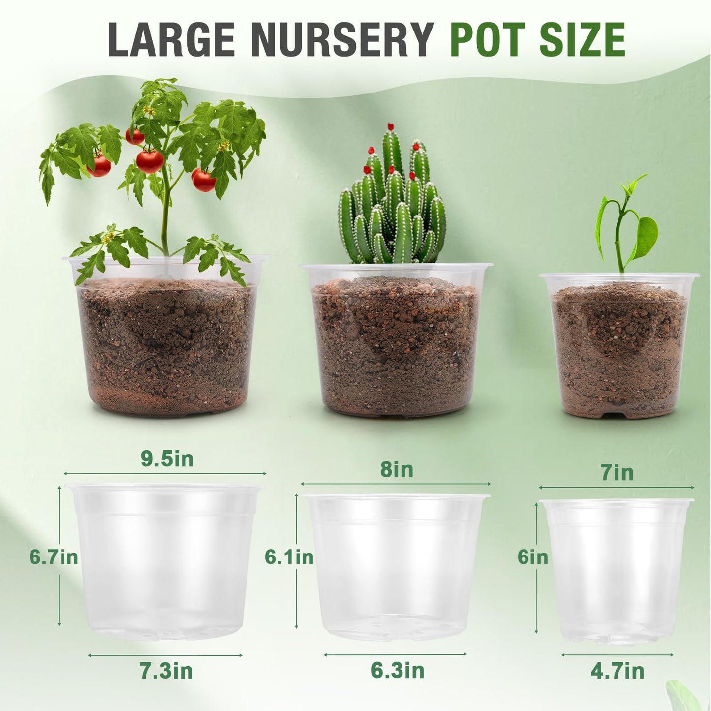 FUOAUYK 7/8/10 Inch Large Clear Nursery Pots with Drainage, 9 Pack Plastic Pots for Plants, Clear Plant Seedling Pots for Indoor & Outdoor Gardening (7 8 10 inch)