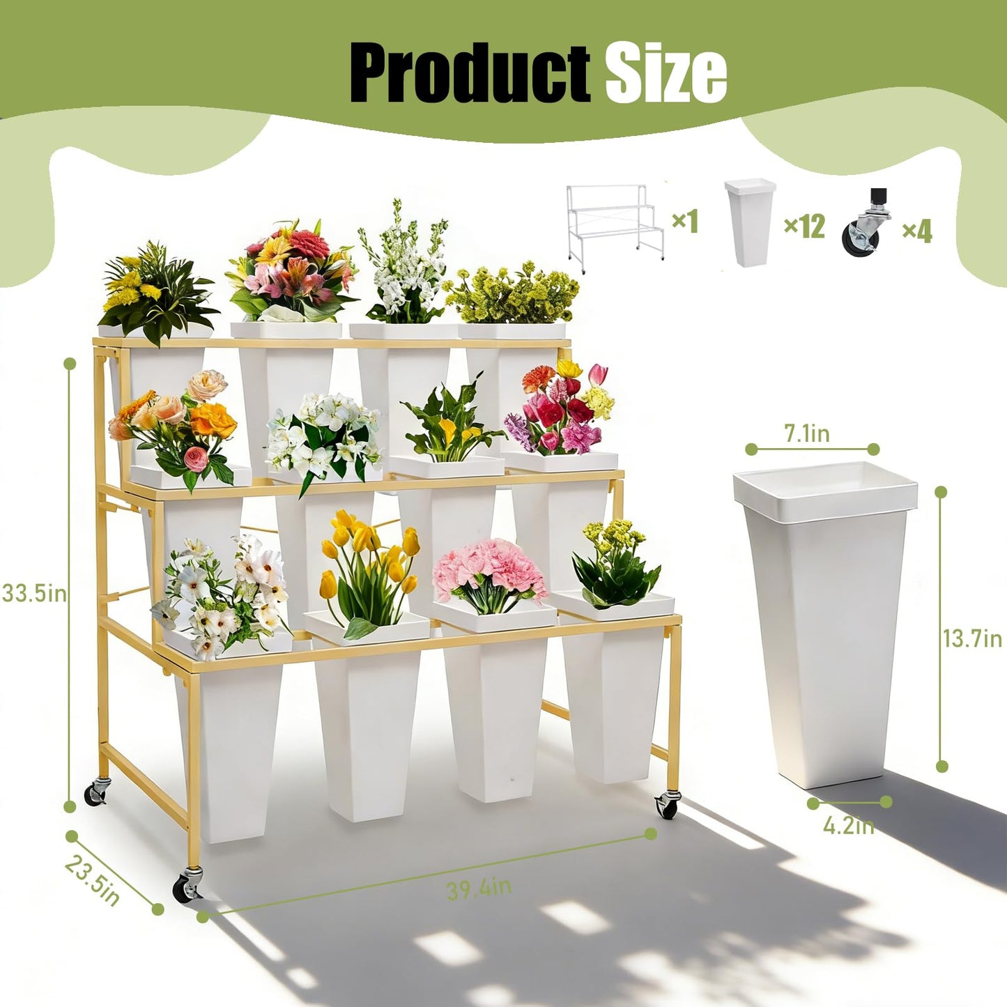 Flower Display Stands With Buckets, With 12pcs Buckets, 3-Tier Rolling Flower Bar,Heavy Duty Metal Flower Cart,For Indoor/Outdoor Use, Wedding Decor & Florist Displays (B - Gold frame, white bucket)