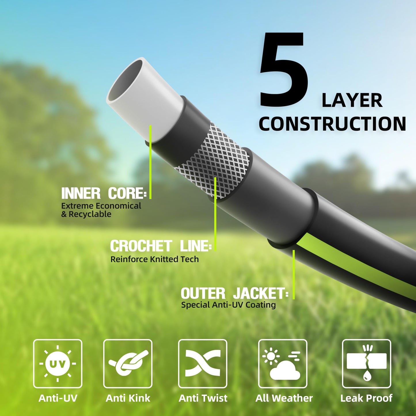 Worth Leader Long Garden Hose 5/8 in. x 50 ft. -No Kink, Flexible, Leakproof, Male to Female Fittings -Heavy Duty Durable PVC Lightweight Water Pipe with Brass Aluminum Ends for Household & Yard Use