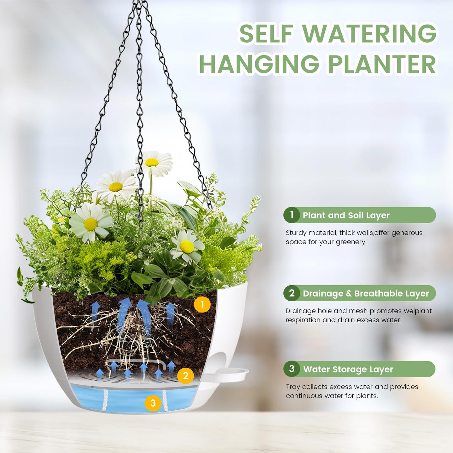 AHJZO 2 Pack 12 Hanging Flower Pots with Chains - Self Watering Plastic Planters for Indoor & Outdoor Plants, Sturdy Triangular Iron Chain Design for Garden PorchPlastic Hanging Flower pots (White)