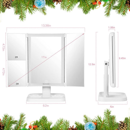 Wireless Rechargeable Lighted Makeup Mirror with 3 Color Lighting, 2000mAh Rechargeable Battery, 10x 3X 2X Magnification, 24 LED, 360 Degree Rotation, Gift for Woman (White)