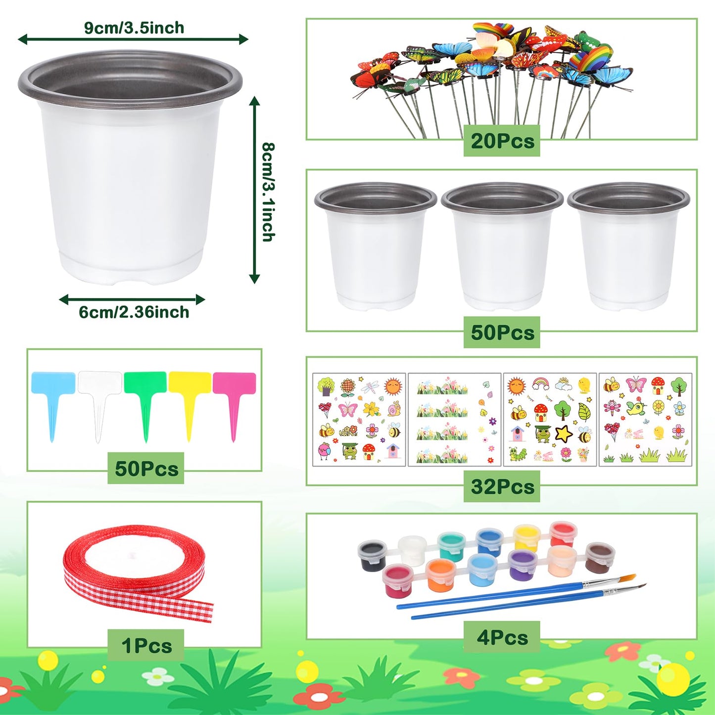 Garden Plastic Pot Craft Kit 50 Nursery Pots with 32 Stickers 50 Plant Labels 4 Painting Tools and 1 Ribbon for Flower Plant Spring Summer Graduation DIY Crafts Painting Gardening Growing Tools