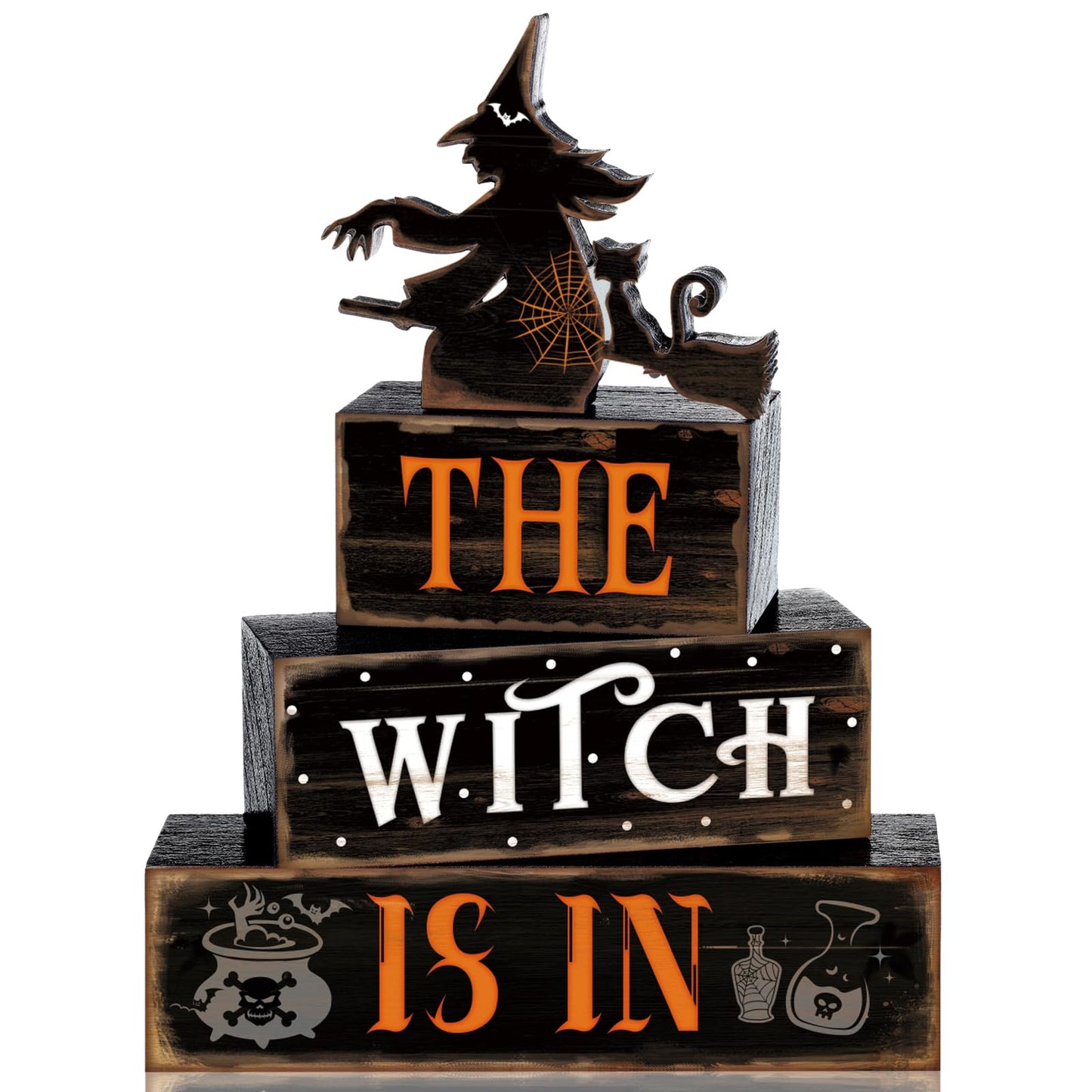 4 Pcs Halloween Table Decor Witch Black Cat Wooden Sign Halloween Tiered Tray Decor Farmhouse Witch Tabletop Centerpiece Rustic Brew Wooden Block Signs for Home Office Kitchen Shelf