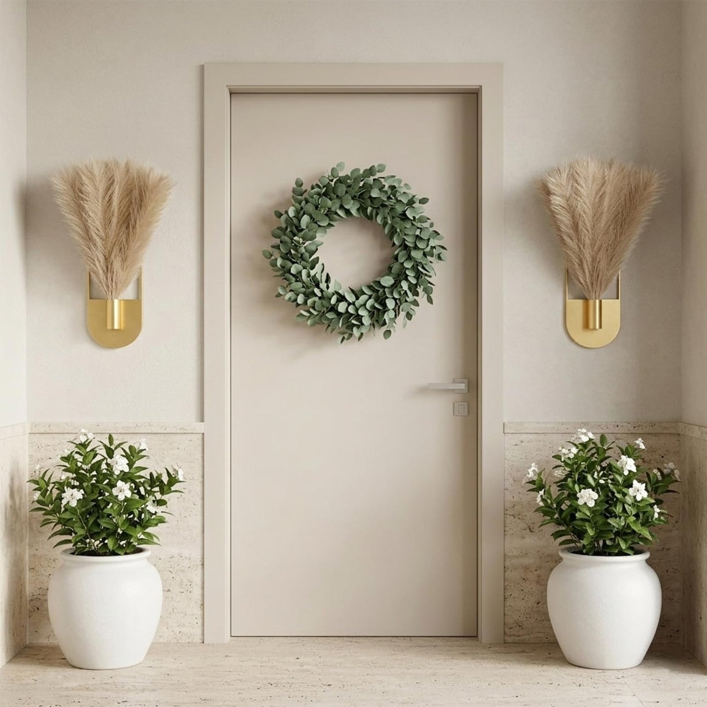 Nacidooka 2 Pcs Hanging Planters with Artificial Pampas Wall Plant Holder for Indoor Plants, Metal Hanging Vase Modern Boho Bathroom Wall Decor for Home Living Room Hallway Office(Gold)