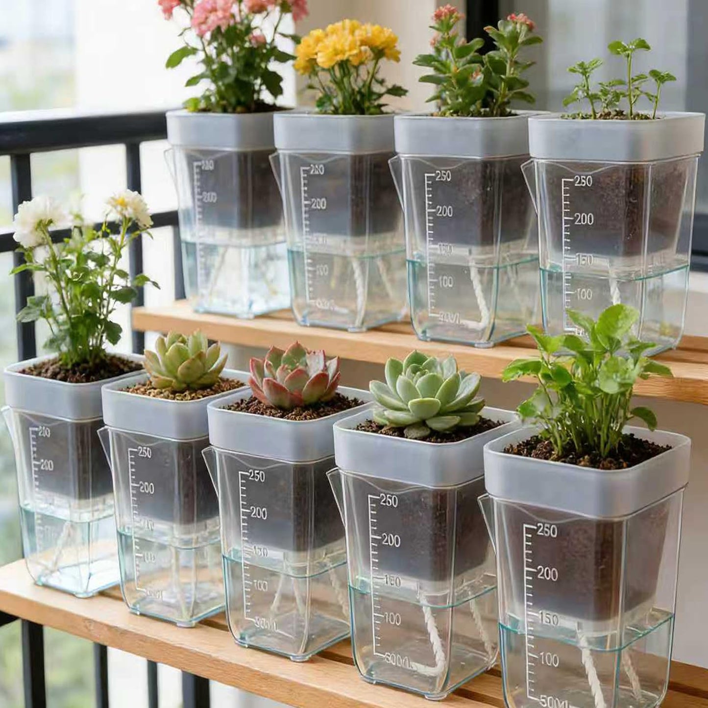 Niiiice 16 Pack 2.5" Mini Clear Self Watering Plant Pots, Plastic Planters with Bottom Water Tray & Watering Rope, Nursery Planting Pot for Indoor Out Door Plants