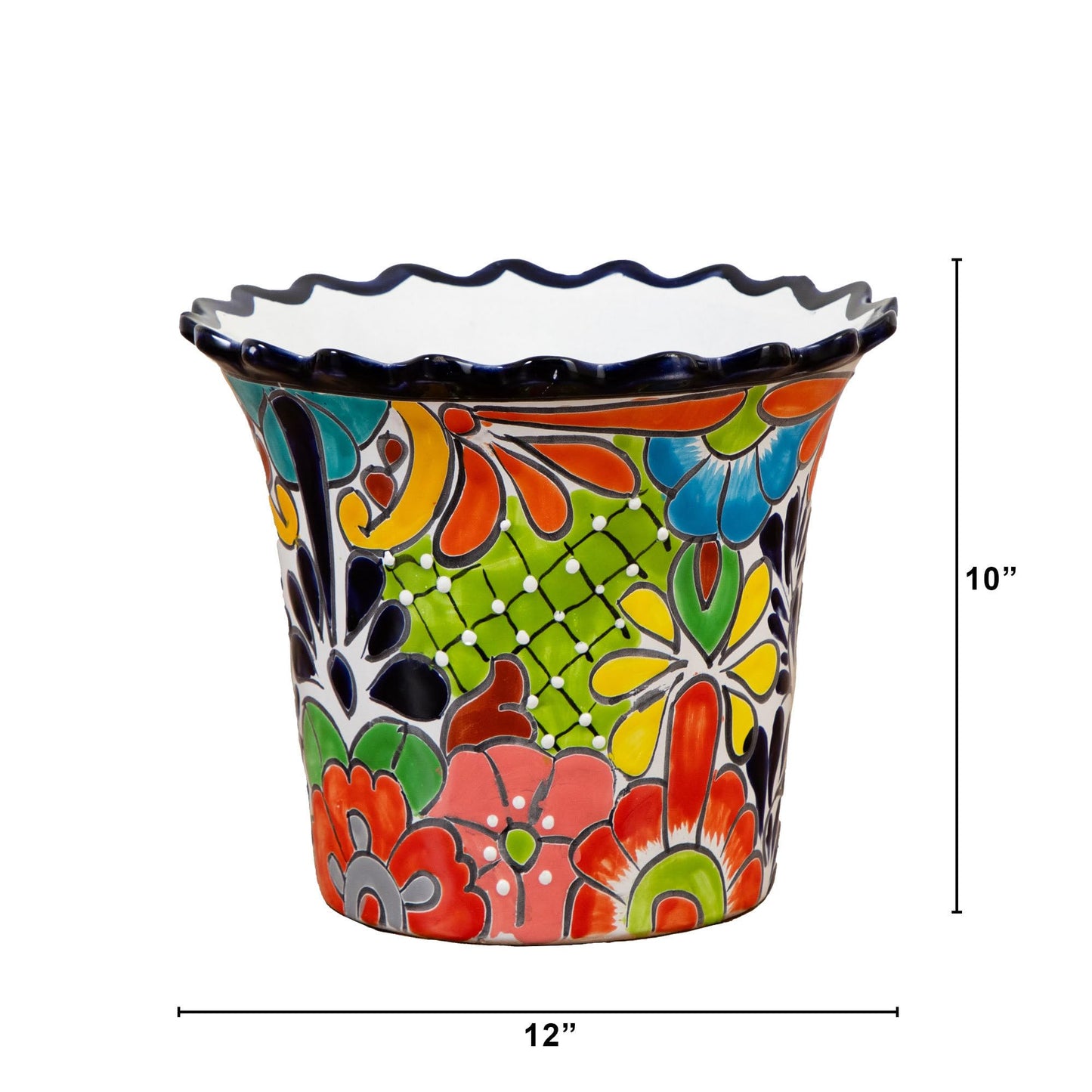 Nearly Natural 10-in x 12-in Handcrafted Mexican Talavera Ceramic Planter – Vibrant Hand-Painted Decorative Art Pot with Drainage Hole
