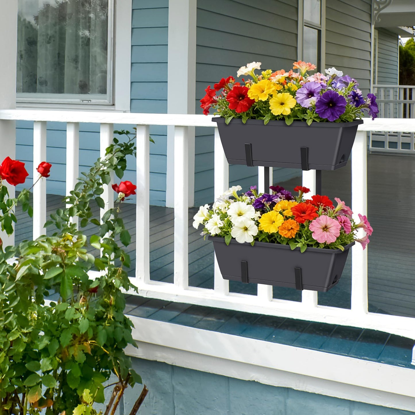 Railing Planter Box 2 Pack Rectangular Window Boxes Planters with Double Adjustable Brackets, Balcony Deck Railing Hanging Planters Herb Flower Pots for Indoor Outdoor Plants Garden Fence Rail