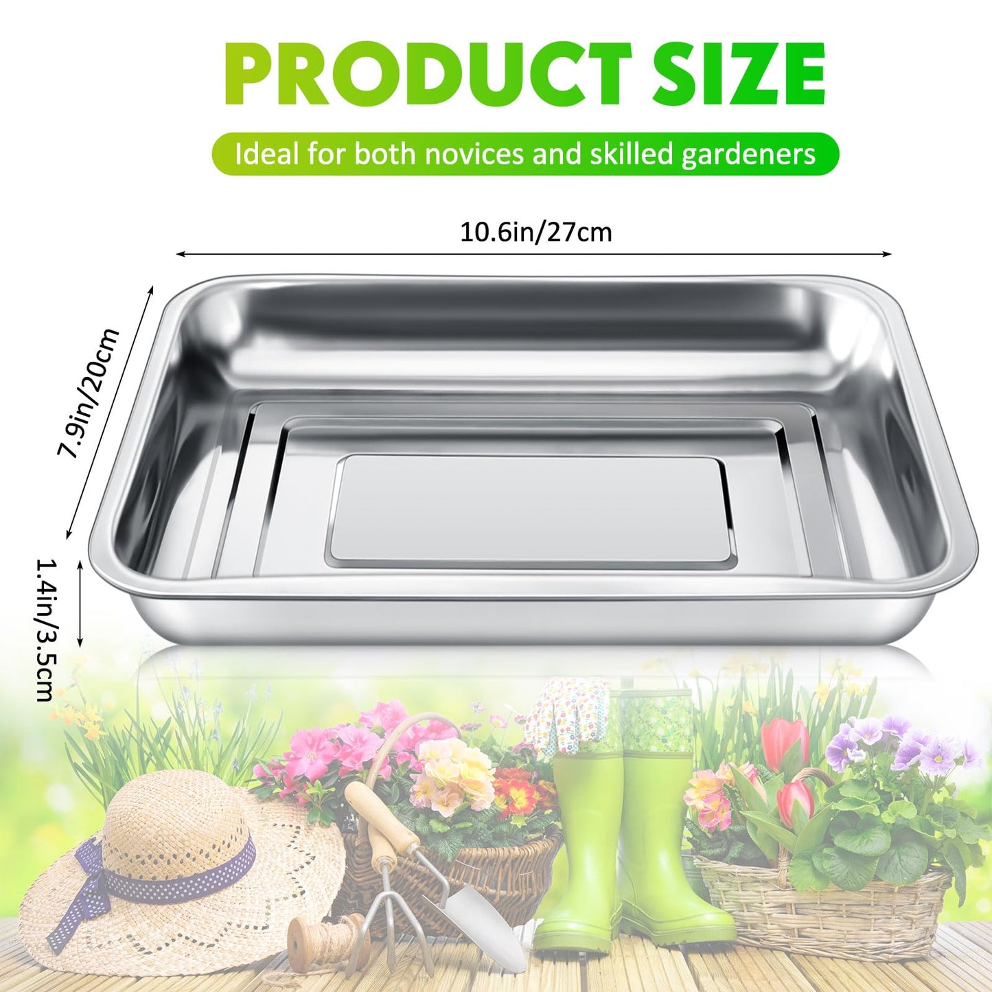 FillTouch 10 Pcs Stainless Steel Seed Starter Tray, Stainless Metal Garden Trays, Nursery Seedling Pots for Collection Transplantation & Propagation Flats, No Drain Holes(10.6 x 7.9 x 1.4 Inch)