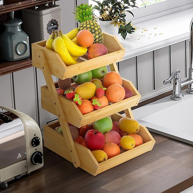 Merysen Large 3 Tier Bamboo Fruit Basket Stand