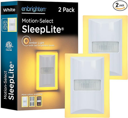 Enbrighten SleepLite Motion Sensor Night Lights Plug Into Wall Nightlight Amber Light Bathroom Bedroom Kitchen Nursery Kids Adults White 2-Pack