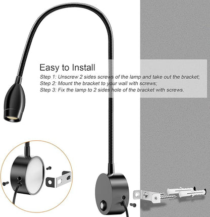 ERAY LED Wall Mounted Reading Light, Bedside Reading Lights for Bed with Touch Control, 3 Dimmable, 360°Flexible Gooseneck Headboard Book Reading Lamp Wall Sconce, 3000k-6000k-2 Pack