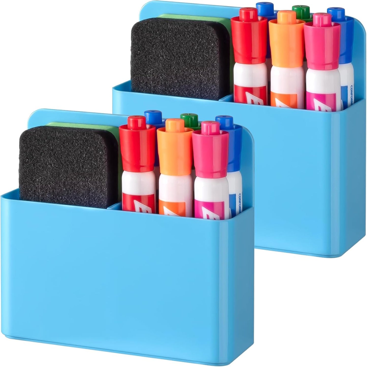 BEYGORM 2 Pack Plastics Magnetic Pen Holder for Refrigerator, Dry Erase Marker Holder for Whiteboard，Magnet School Locker Organizer Accessories, Pencil Cup, Pen Caddy, Classroom Organization(Blue)