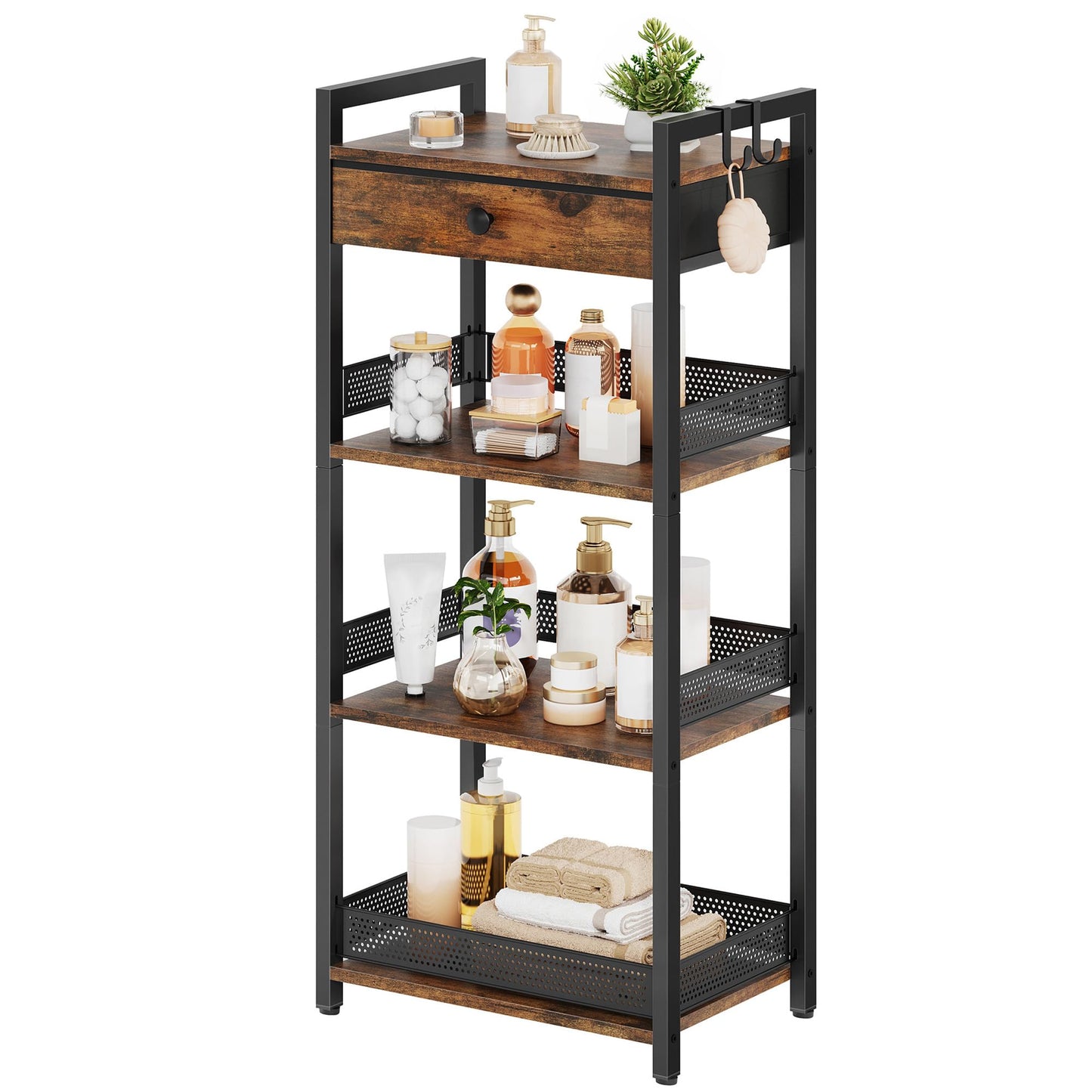 FAVOOSTY 4 Tier Ladder Shelf Stand, Bookshelf with Drawer Storage, Decorative Display Shelves Wood & Metal, Plant Shelf, Standing Shelf Unit for Living Room Bedroom Office Kitchen, Rustic Brown