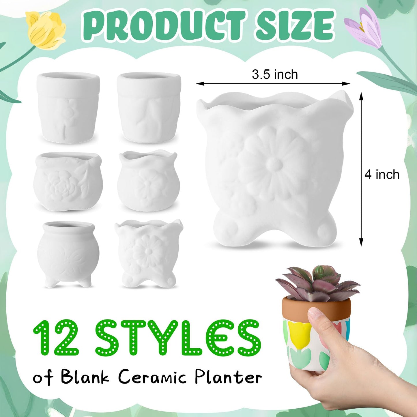 Hushee 12 Pcs Ceramic Succulent Planters White Ceramic Pots Paintable Succulent Plant Planters Containers Small DIY Figurines Unpainted Pots with Drainage Hole Paintbrushes Palettes(Flower)