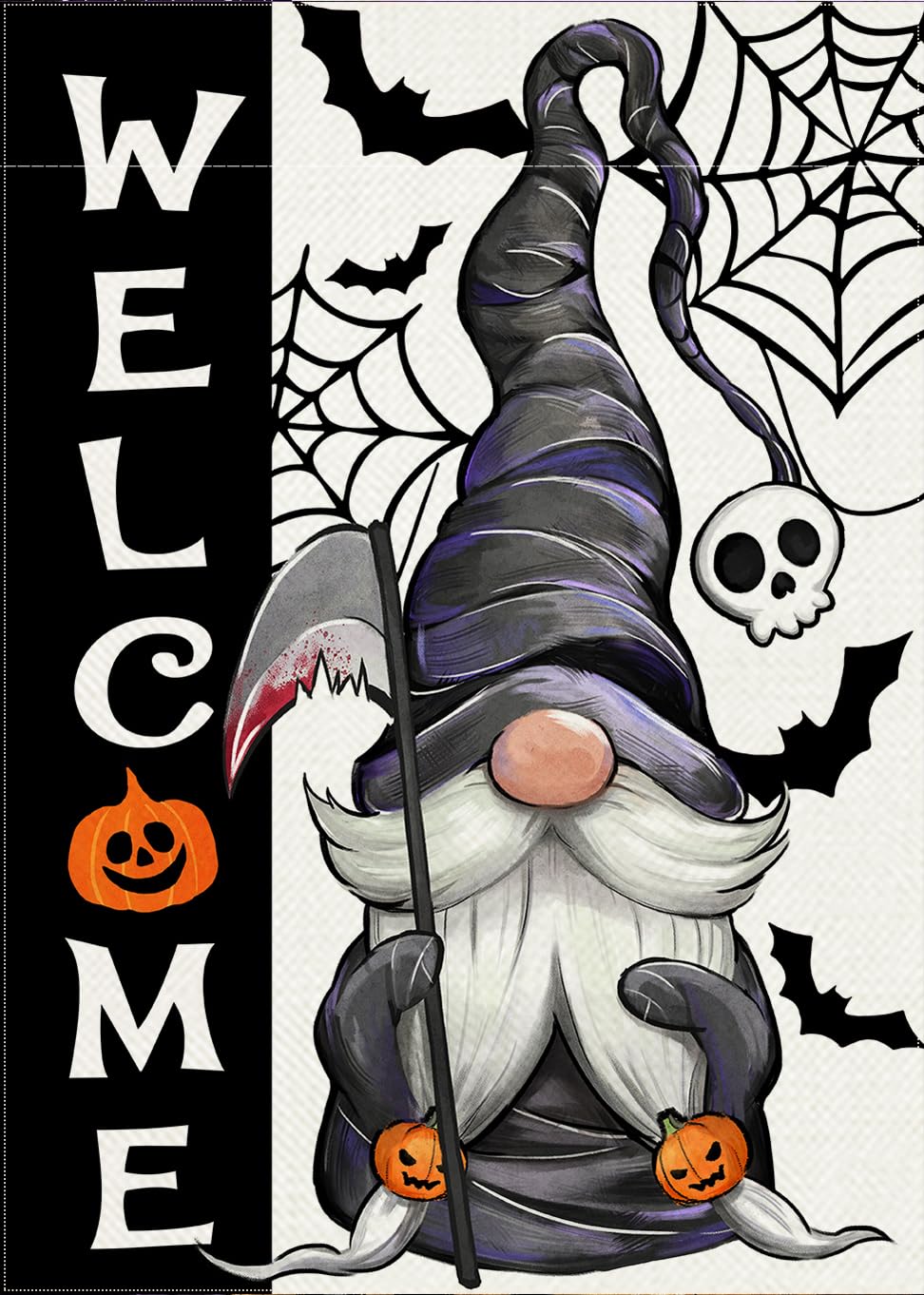 Covido Welcome Halloween Gnome Decorative Garden Flag, Spooky Jack O Lantern Pumpkin Skull Spider Web Bat Yard Outside Decorations, Funny Holiday Burlap Outdoor Small Home Decor Double Sided 12 x 18