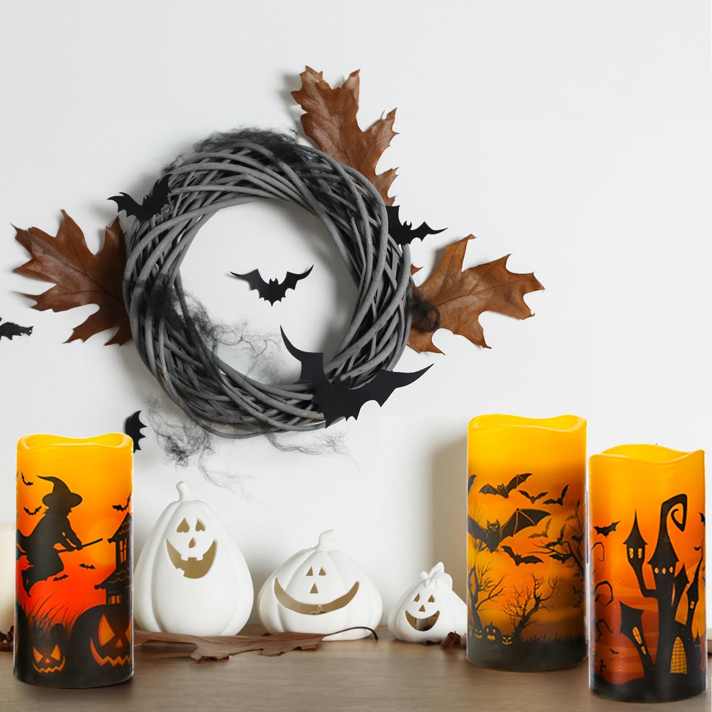Hbaushun Halloween Flameless Candles 3 Pack with 6 Hour Timer,Battery Operated Real Wax LED Pillar Flickering Candles Warm Light with Castle, Witch, Bats Decal Halloween Decorations Candles